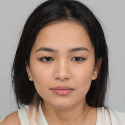 Neutral asian young-adult female with medium  brown hair and brown eyes