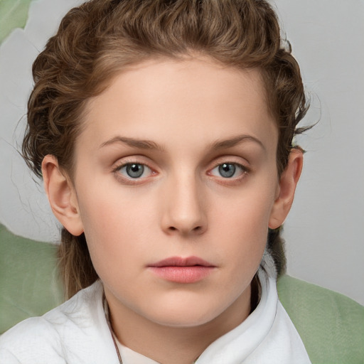 Neutral white young-adult female with short  brown hair and blue eyes