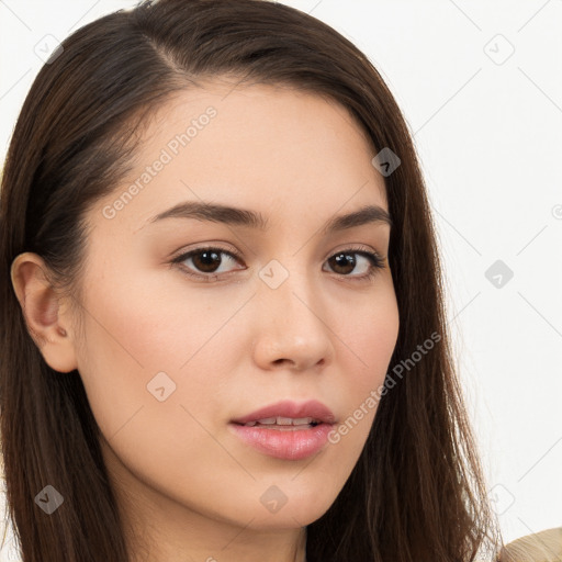 Neutral white young-adult female with long  brown hair and brown eyes