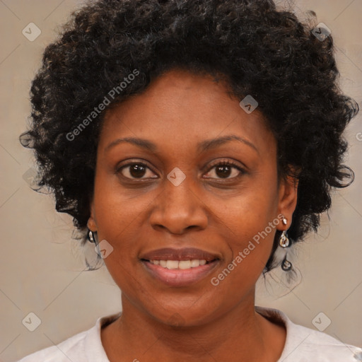 Joyful black adult female with short  brown hair and brown eyes