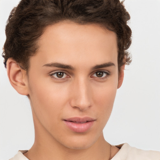 Neutral white young-adult female with short  brown hair and brown eyes