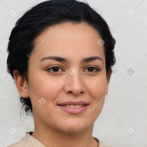 Joyful latino young-adult female with short  brown hair and brown eyes