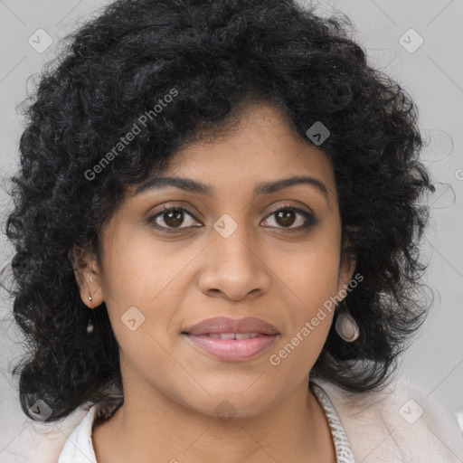 Joyful latino young-adult female with long  brown hair and brown eyes