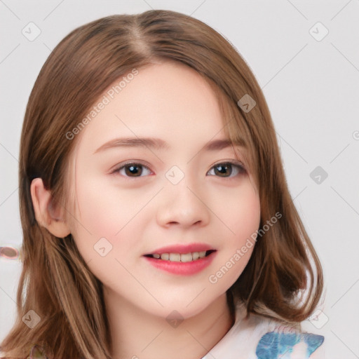 Joyful white child female with medium  brown hair and brown eyes