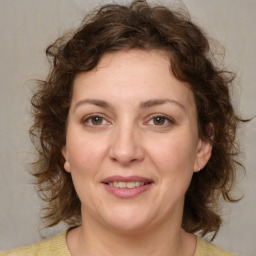 Joyful white adult female with medium  brown hair and brown eyes