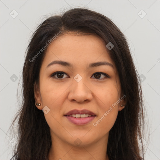 Joyful white young-adult female with long  brown hair and brown eyes