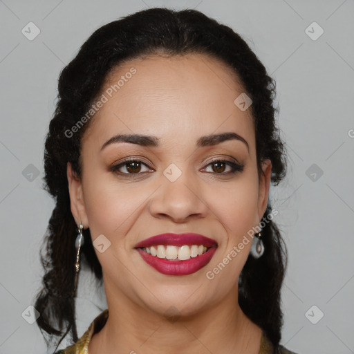 Joyful latino young-adult female with medium  black hair and brown eyes