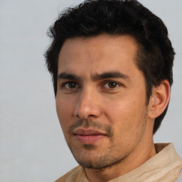 Neutral white adult male with short  black hair and brown eyes