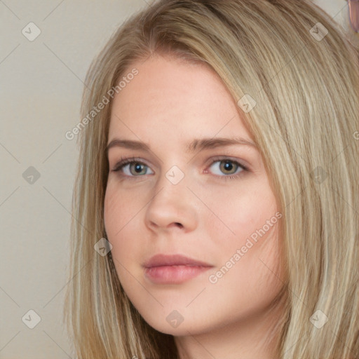 Neutral white young-adult female with long  brown hair and green eyes