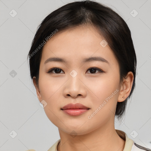 Neutral asian young-adult female with medium  black hair and brown eyes