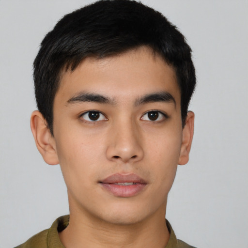 Neutral asian young-adult male with short  black hair and brown eyes