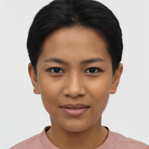 Joyful asian young-adult female with short  black hair and brown eyes
