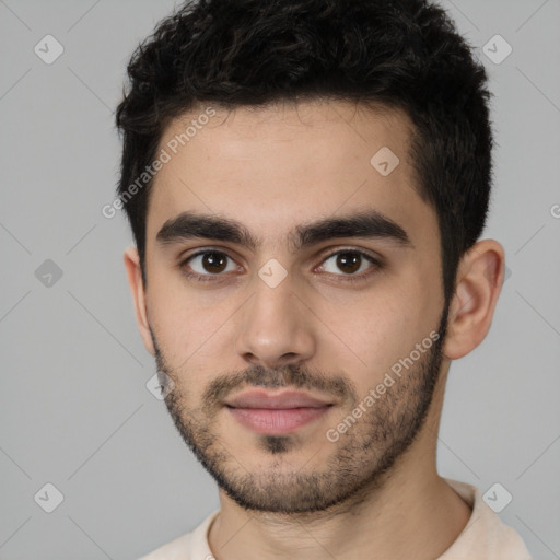 Neutral white young-adult male with short  black hair and brown eyes