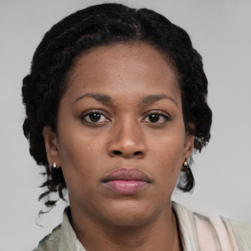 Neutral black young-adult female with short  brown hair and brown eyes