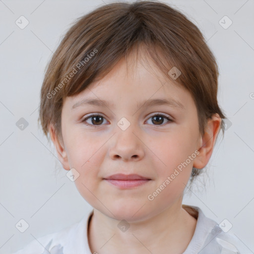 Joyful white child female with medium  brown hair and brown eyes