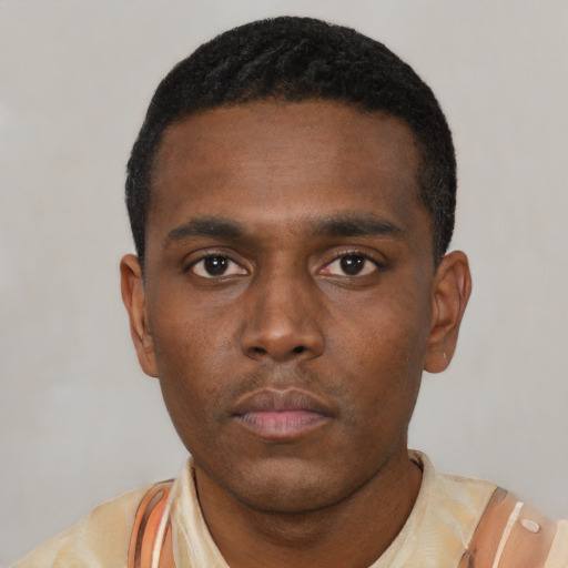 Neutral black young-adult male with short  black hair and brown eyes
