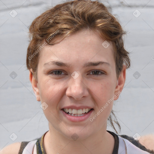 Joyful white young-adult female with short  brown hair and grey eyes