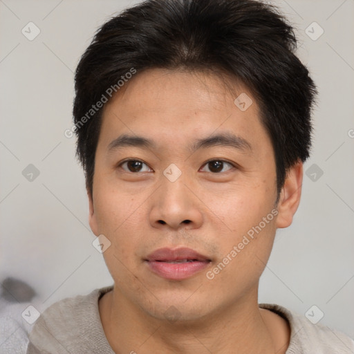 Neutral asian young-adult male with short  brown hair and brown eyes