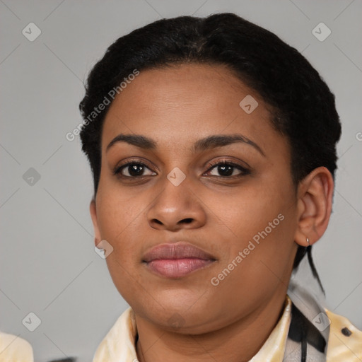 Joyful latino young-adult female with short  brown hair and brown eyes