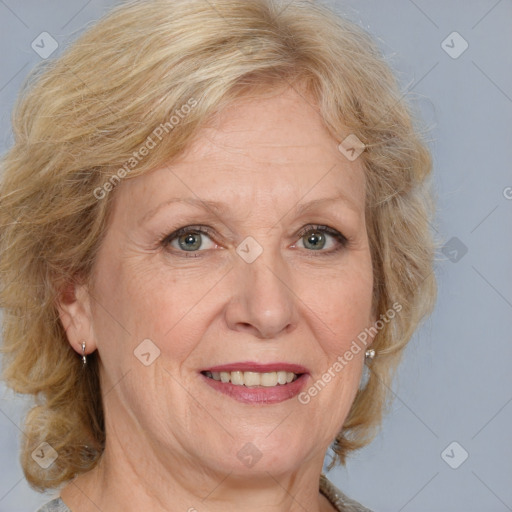 Joyful white middle-aged female with medium  brown hair and brown eyes