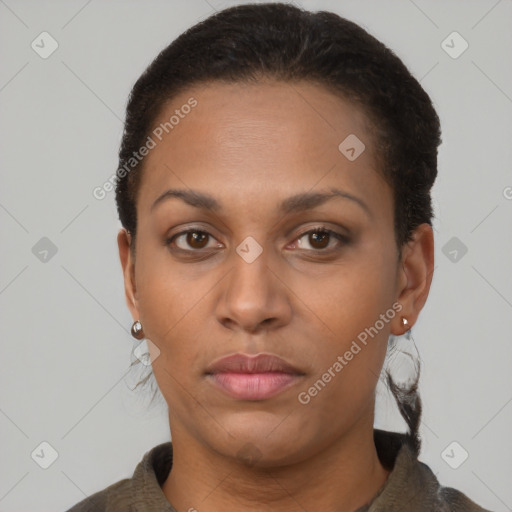 Neutral black young-adult female with short  brown hair and brown eyes