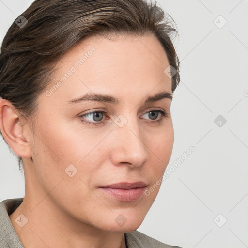 Neutral white young-adult female with short  brown hair and brown eyes