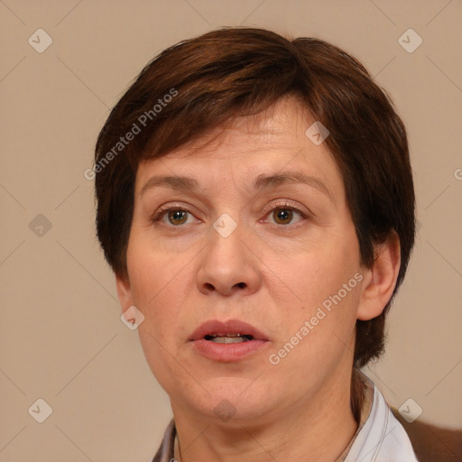 Neutral white adult female with medium  brown hair and brown eyes