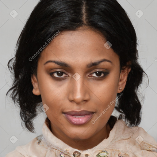 Joyful asian young-adult female with medium  black hair and brown eyes