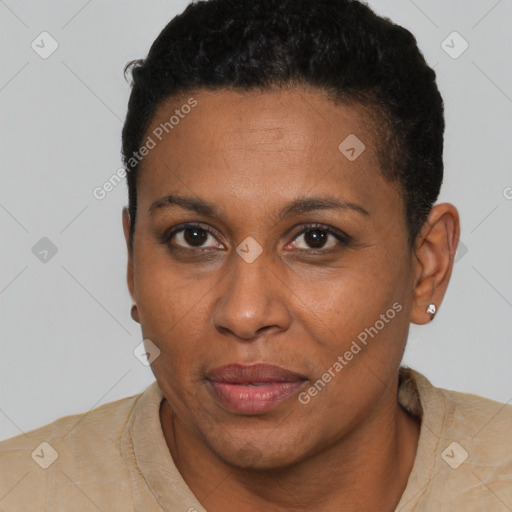 Neutral black young-adult female with short  black hair and brown eyes