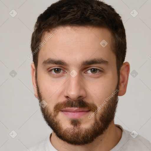 Neutral white young-adult male with short  brown hair and brown eyes