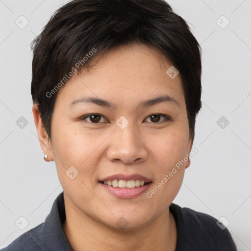 Joyful white young-adult female with short  brown hair and brown eyes