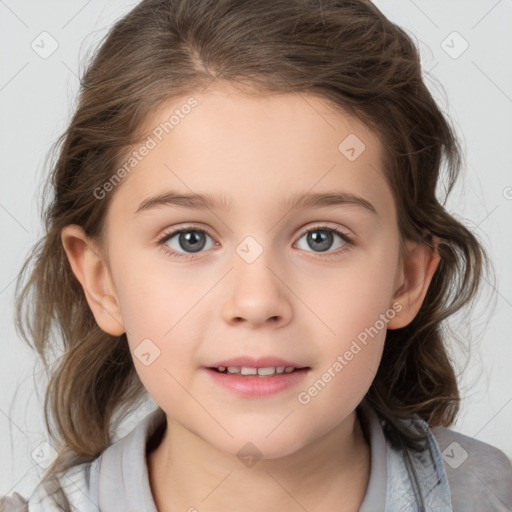 Joyful white child female with medium  brown hair and brown eyes