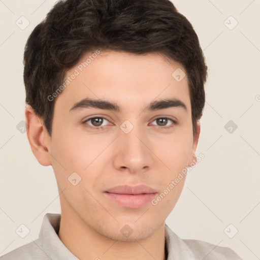 Neutral white young-adult male with short  brown hair and brown eyes