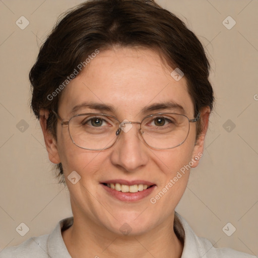 Joyful white adult female with short  brown hair and brown eyes