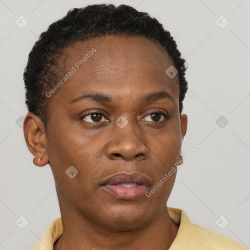 Neutral black young-adult female with short  brown hair and brown eyes