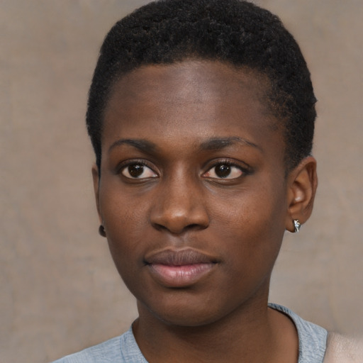 Neutral black young-adult female with short  black hair and brown eyes