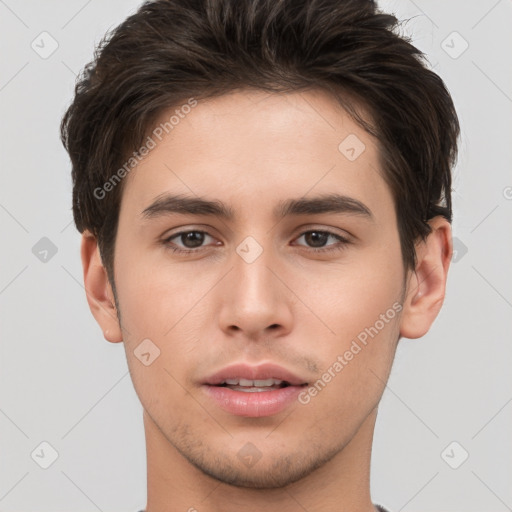 Neutral white young-adult male with short  brown hair and brown eyes