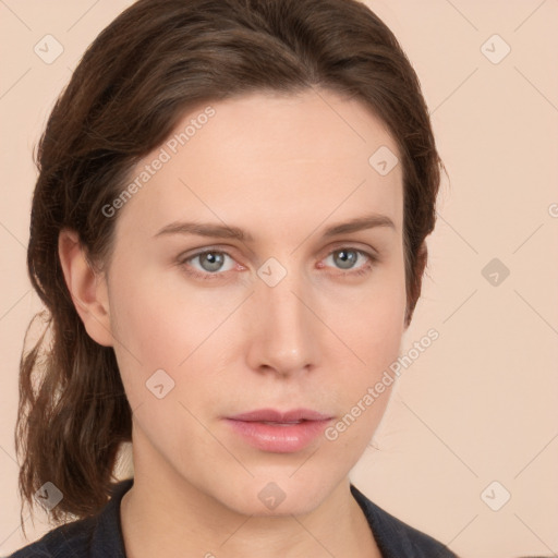 Neutral white young-adult female with medium  brown hair and grey eyes