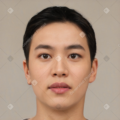 Neutral asian young-adult male with short  black hair and brown eyes