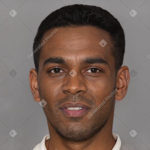 Joyful latino young-adult male with short  black hair and brown eyes