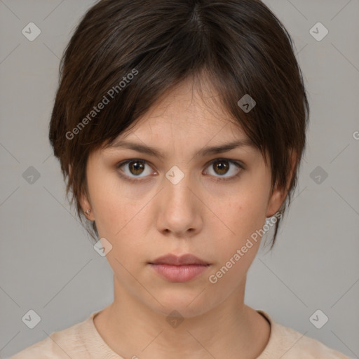 Neutral white young-adult female with medium  brown hair and brown eyes