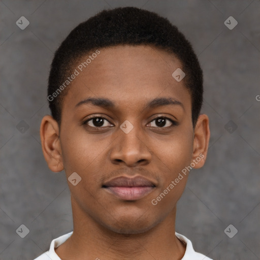 Joyful black young-adult male with short  brown hair and brown eyes