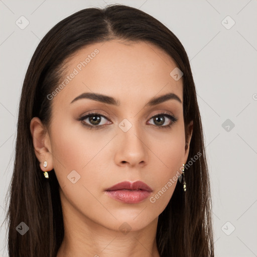 Neutral white young-adult female with long  brown hair and brown eyes