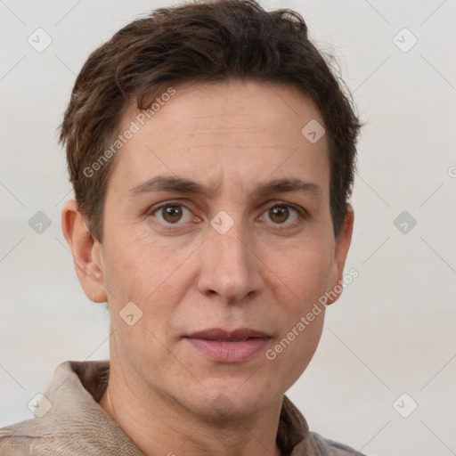 Joyful white adult male with short  brown hair and grey eyes