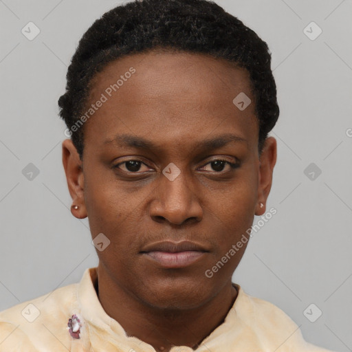 Neutral black young-adult female with short  black hair and brown eyes