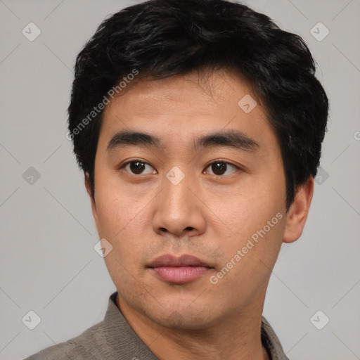 Neutral asian young-adult male with short  black hair and brown eyes