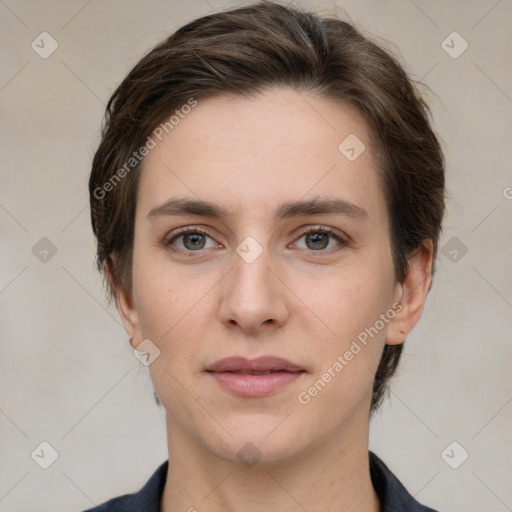 Neutral white young-adult female with medium  brown hair and grey eyes