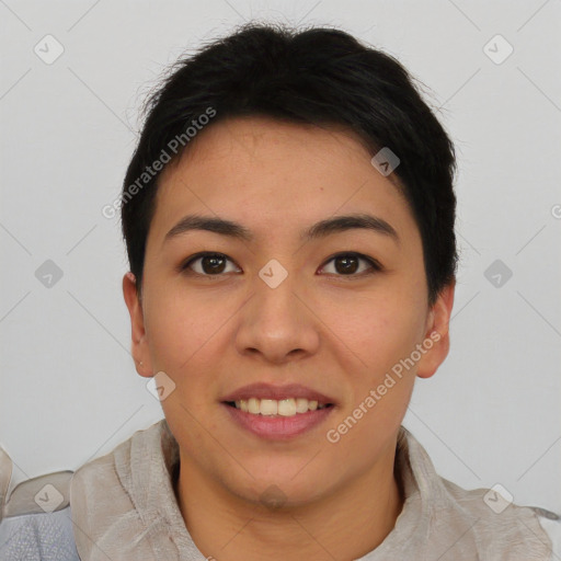 Joyful asian young-adult female with short  brown hair and brown eyes