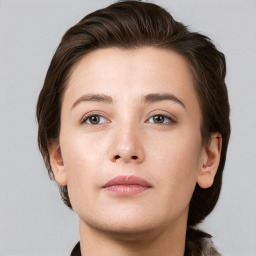 Neutral white young-adult female with short  brown hair and grey eyes