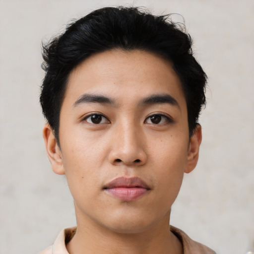 Neutral asian young-adult male with short  black hair and brown eyes